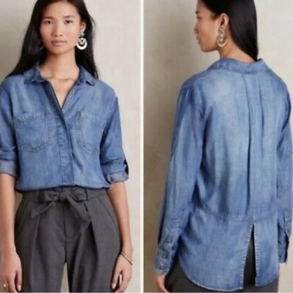 Anthropologie Cloth & Stone Chambray Split Back Shirt Blue Size XS - Picture 5 of 7